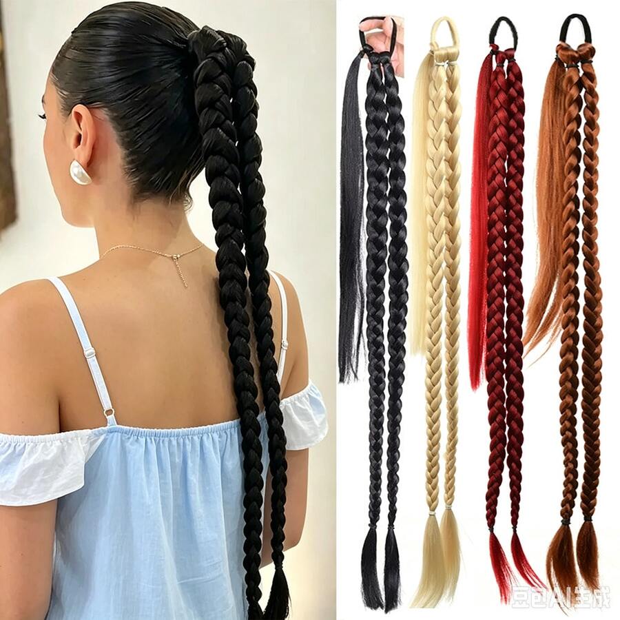 Ekstensi Rambut Ekor Kuda Lilit Wanita, Kepang Ekor Kuda Sintetis, Ekor Kuda Gaya Petinju, Aksesori Rambut Ikat Rambut Ekor Kuda Ganda - Hitam - View 1