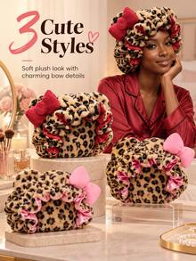 Leopard Print Hair Drying Towel With Pink Satin Bow, Ruffled Fashion Bath Hair Cap, Cute Bedtime Hair Cover, Suitable For Daily Bathing, Women's Relaxing Evening Self-Care Accessory - Multi-color - View 10