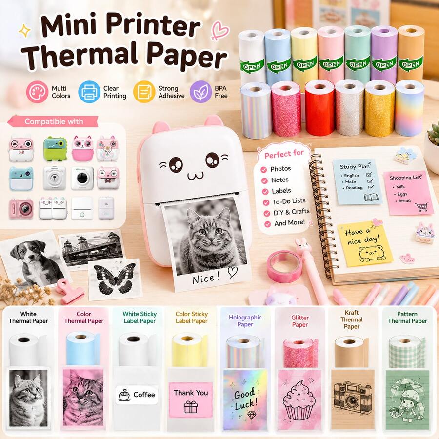 Portable Mini Thermal Paper. Laser/Transparent/Colored/White Adhesive Paper, Self-Adhesive Printing Paper. Suitable For Note-Taking, Work, Photography, Hand-Drawn Sketches, And Memo Use. Prints Without Ink. - View 1