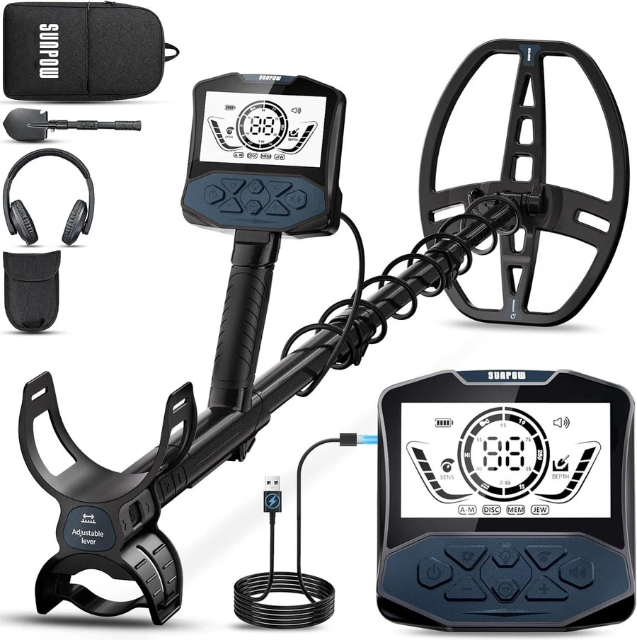 SUNPOW Rechargeable Metal Detector For Adults, IP68 Waterproof 11" Double D Coil, Professional High Accuracy Gold Detector With Large Backlit LED Display For Beach, Field, Garden