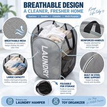 1pc Mesh Pop-Up Laundry Basket, Wide Opening Breathable, Foldable, Space-Saving, Suitable For Dorm, Travel, Bathroom, Back To School Essential - Grey - View 4