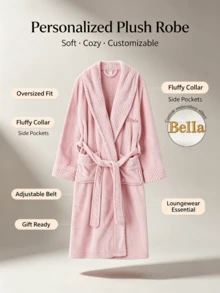 Customized Embroidered Name Unisex Plush Bathrobe Couple Flannel Pajamas Long Sleeve Men & Women Homewear Personalized Gift Holiday Party - Multicolor - View 6