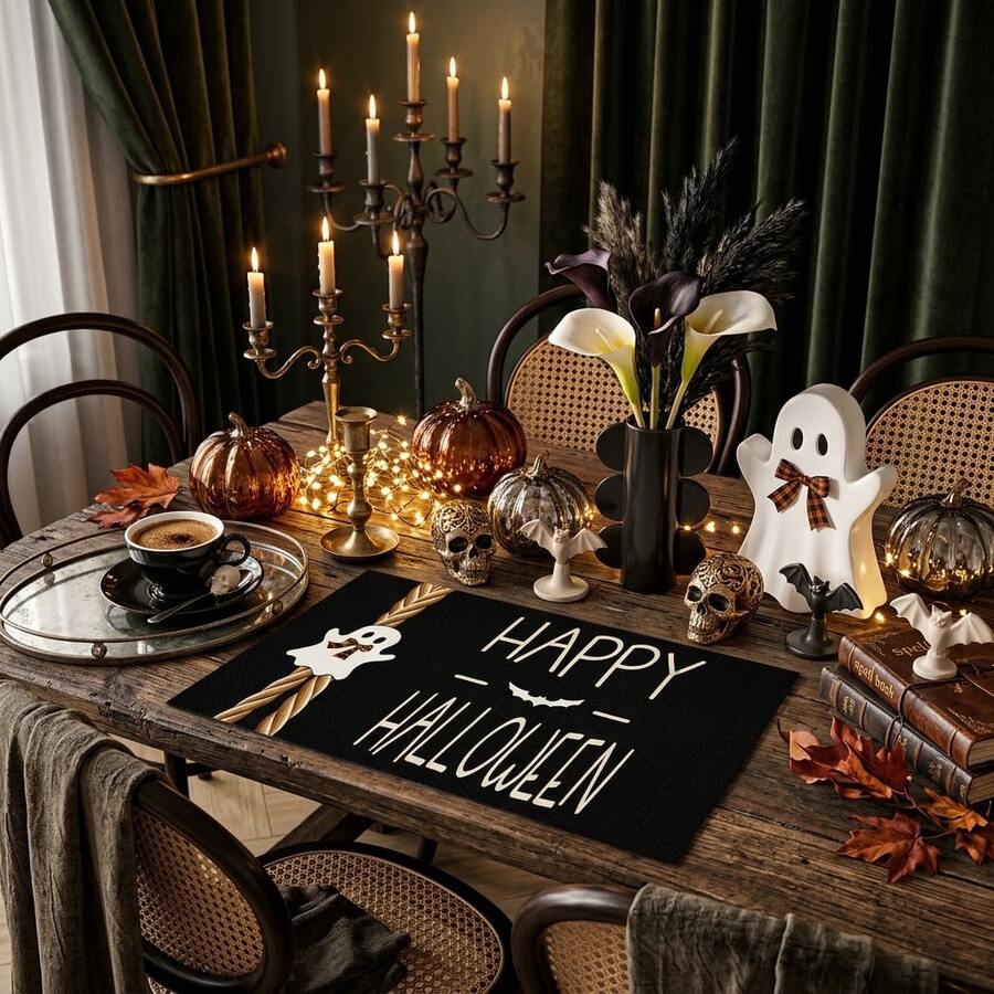 1/4/6pcs Halloween Series Bow Ghost Pattern Printed Placemats, Heat-Resistant Table Mats For Home Kitchen, Table Protection, Kitchen Dining Table, Party Scene Decoration