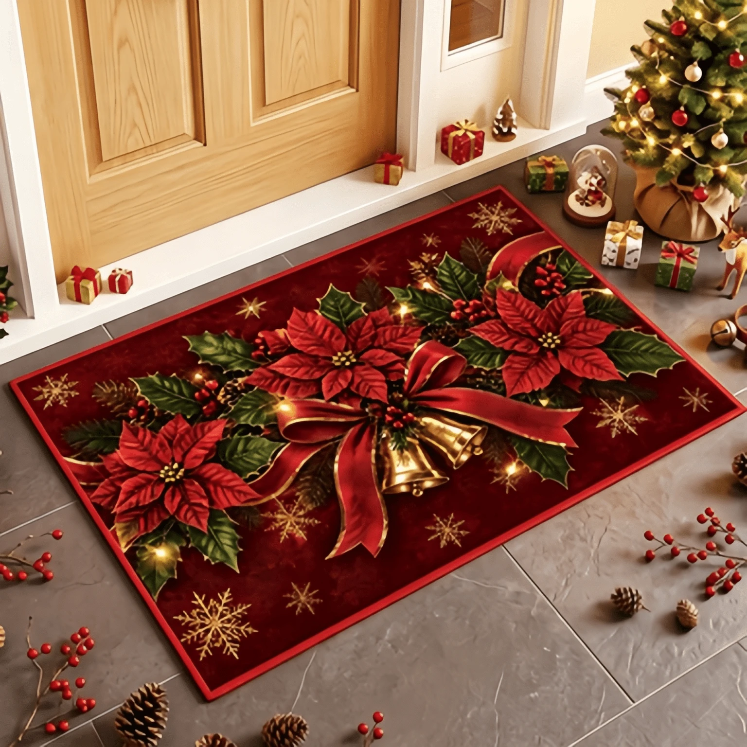 1pc Christmas Poinsettia Bell Bow Rectangular Door Mat, Suitable For Front Door, Entrance, Hallway, Porch, Living Room, Perfect For Christmas Holiday Home Decor, Made Of Soft Skin-Friendly Plush Fabric, Non-Slip Bottom, Durable And Easy To Clean - Multicolor - View 1