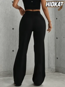 Hidkat Women's Fashion Solid Color High Waist Elastic Casual Yoga Sports Knit Long Pants - Black and White - View 2