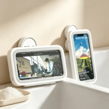 1pc Bathroom Waterproof No-Drill Wall-Mounted Phone Holder Anti-Fog Touchscreen Storage Box, Suitable For Watching Shows During Shower - A - View 7
