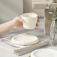 2pcs/1pc Cream White Wavy Embossed Ceramic Coffee Cup And Saucer Set, Minimalist French Style Ceramic Tea Cup Latte Cup, Home Tableware Gift - Multicolor - View 2