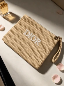 DIOR Straw Woven Makeup Bag, Premium Beige Woven Clutch, Luxury Embroidered Letter Zipper Storage Bag - Woven Makeup Bag - View 9