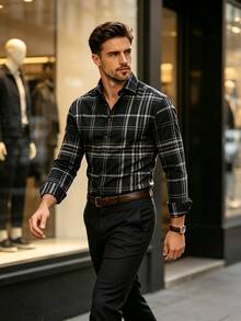 Men's Casual Dress Shirt With Plaid Pattern For Multiple Occasions, Dining And Business - Essential Gift For Men - Black - View 5
