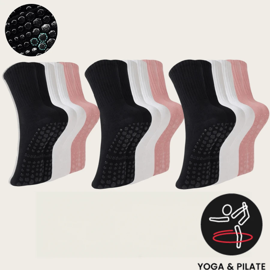 3/6/9 pares de calcetines multicolores de media caña para mujer, adecuados para yoga, pilates, ballet, deportes, calcetines antideslizantes para hospital, regalo ideal para el Día de San Valentín, suaves y cómodos para todas las estaciones, calcetines antideslizantes de otoño/invierno - Multicolor - Ver 1