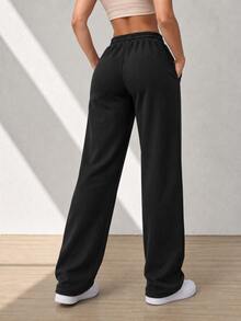 Pantalones deportivos pans pants dama mujer casuales pantalón wide leg pierna ancha estilo deportivo funcionales tela cómoda suave elástica ajuste holgado tiro alto cintura cordón largo - Negro - Ver 3