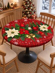 1pc Christmas Poinsettia Stretch Fitted Tablecloth, Red Plaid Gold Bell Ornament Snowflake Elastic Table Cover For Round & Square Tables, Xmas Holiday Dining Home Party Decor - K - View 1