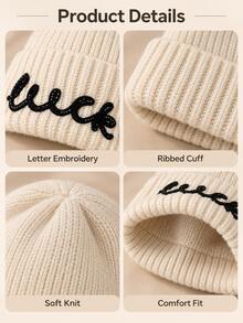 Women's Embroidered Knit Beanie, Soft Ribbed Winter Hat With Folded Brim, Warm Elastic Casual Cap, Suitable For Cold Weather, Outdoor Walking, Commuting, Travel, Daily Wear And Autumn/Winter Outfit Matching - Multicolor - View 7