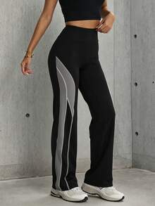 Hidkat Women's Fashion Solid Color Patchwork High Waist Yoga Casual Sports Knitted Flare Pants - Multicolor - View 5