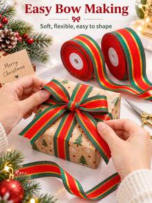 25 Yards/Roll Christmas Striped Ribbon Roll - Red Green Metallic Gold Striped Fabric Ribbon, Widths Available In 0.39 Inch, 0.59 Inch, 0.98 Inch. Suitable For DIY Gift Box Packaging, Large Wreath Bow Making, Christmas Tree Garland Decoration, Hair Accessories And Holiday Crafts. - Red and Green Ribbon - View 4