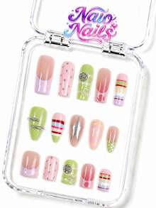 NAIO 10pcs/Set Y2K Handmade Press-On Nails, Nude & Multi-Color Macaron French Tips With Hand-Painted Stripes, Polka Dots, Silver Stars, Metallic Lines, Buttons & Beads, Cute Fresh Candy Summer Style, Suitable For Party & Daily Wear, 3 Sizes Coffin/Almond/Short Square - Multicolor - View 1