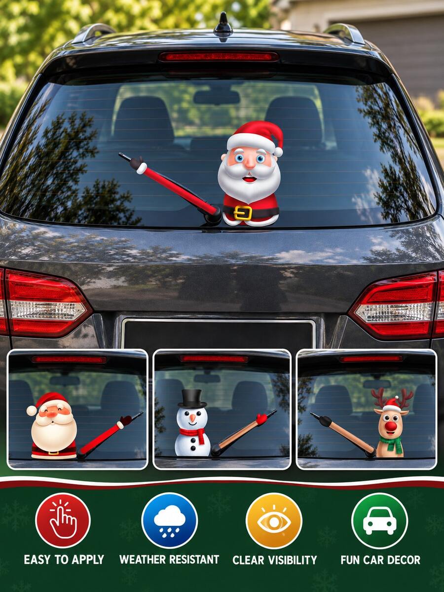 1pc Christmas Windshield Wiper Sticker, Santa Claus Snowman Reindeer Rear Window Decal, Creative Waving Wiper Car Decoration Sticker - Car Exterior Decals - View 1