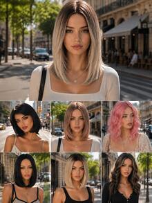 10, 12, 14, And 16inch Short Bob Wig Middle Part Natural Synthetic Heat Resistant Wig Dark Roots Ombre White Straight Wig Mixed Color Hair For Women Daily And Cosplay - Multicolor - View 2