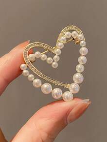 1pc Women's Zinc Alloy Pearl Rhinestone Hollow Double Heart - Multicolor - View 1