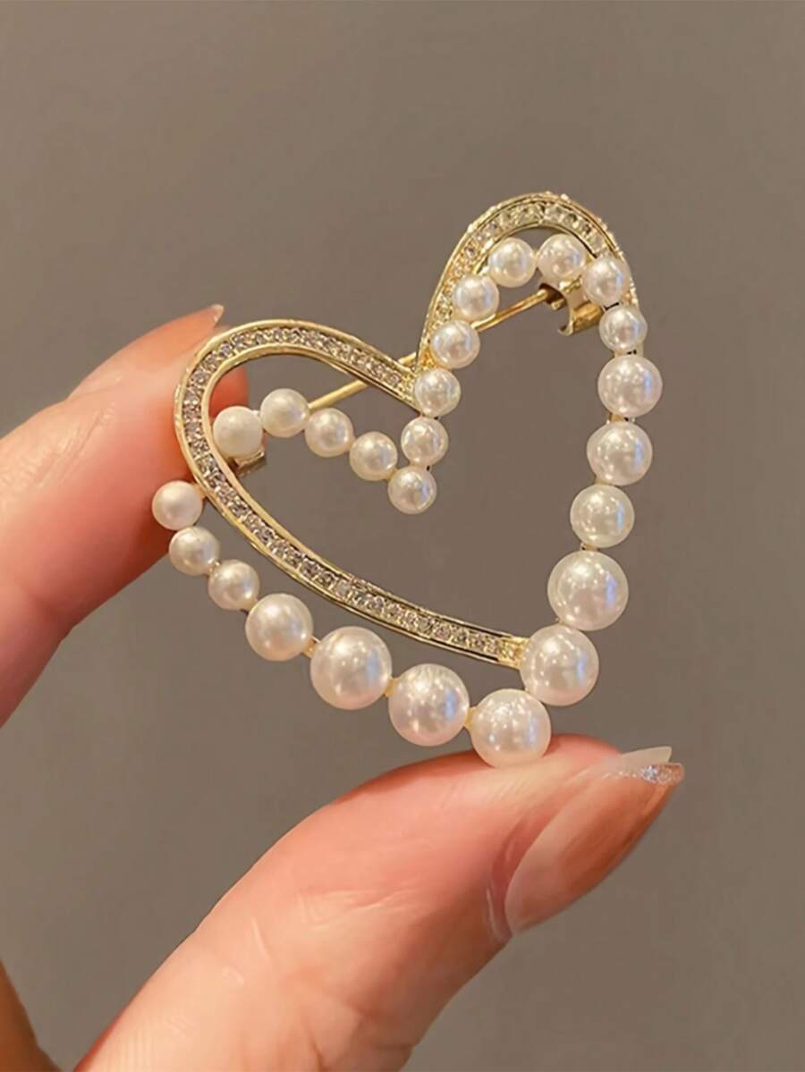 1pc Women's Zinc Alloy Pearl Rhinestone Hollow Double Heart - Multicolor - View 1