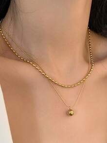 1pc Stainless Steel Double Layer Beaded Pendant Retro Style Necklace, Suitable For Daily Wear - Gold - View 3