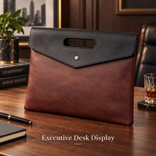 Fashionable Document Clutch Bag, Crazy Horse Leather Retro Colorblock Envelope Pouch, Street Style Handbag, Business Lightweight Organizer Bag, Unisex - Coffee Brown - View 6