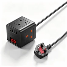 1.8米七合一电源插座，带4个USB接口和1个Type-C接口，2500W，带交流电源插座，适用于厨房、客厅、办公室、卧室，黑/白 - 英規插(220-240V) - 查看 3