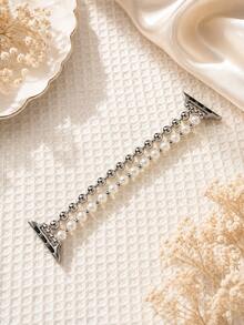 1pc Women's Double Row Pearl Beaded Bracelet Watch Band, Elastic Stretch Strap, Compatible With Apple Watch 38/40/41mm & Series 10 42mm - White - View 5