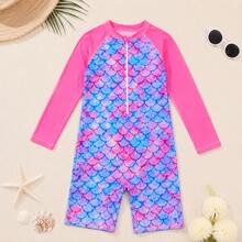 Traje de baño de una pieza rosa de moda para niñas y preadolescente con estampados en múltiples colores de escamas de tipo sirena especial para vacaciones verano playa piscinas - Multicolor - Ver 6