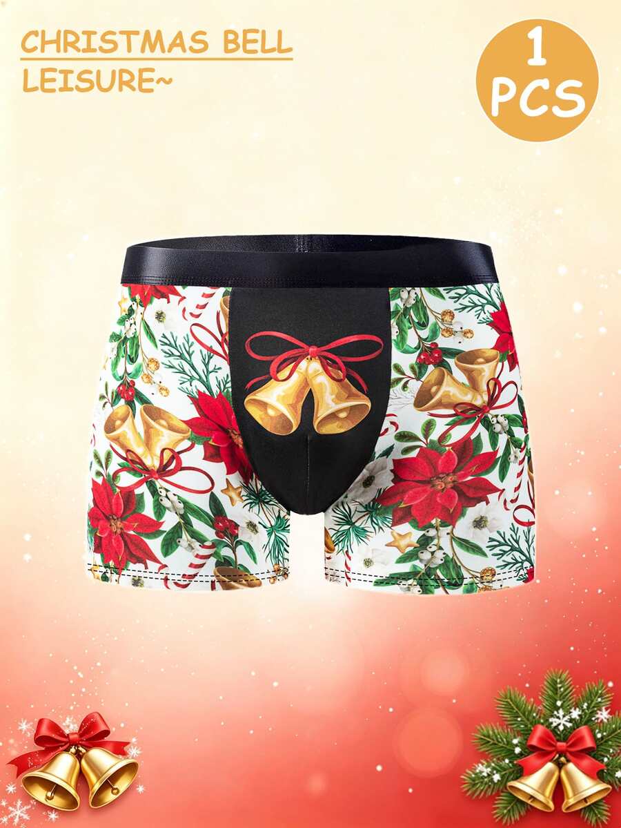 1PC Christmas Bell Floral Print White Men Boxer Underwear Elegant Festive Underwear - Multicolor - View 1
