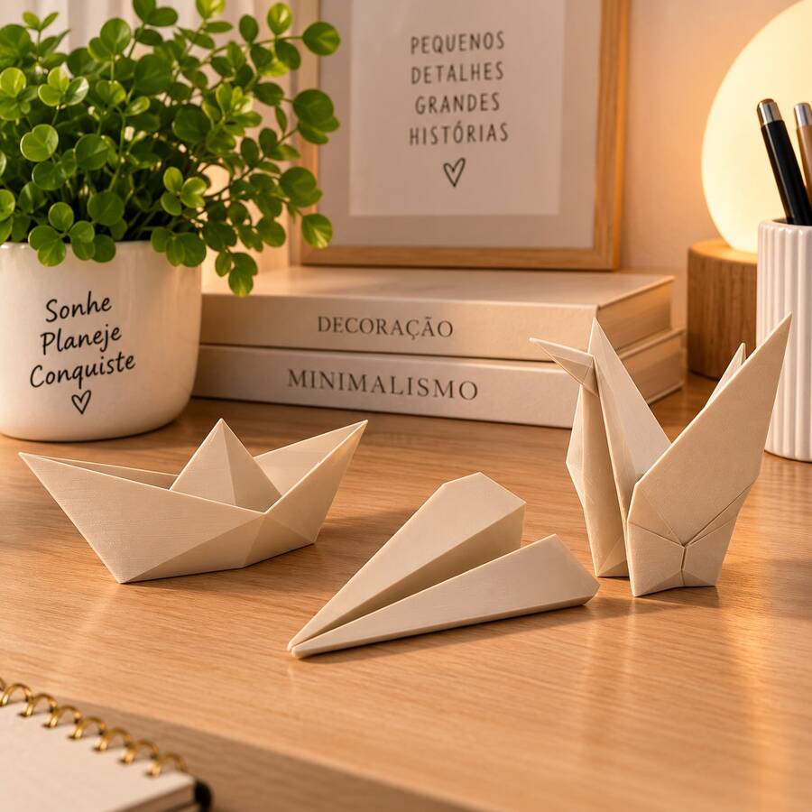 Kit Decorativo estilo Origami 3 Peças Tsuru Barco e Avião feito em impressora 3D (Plástico PLA) - Bege - Visão 1