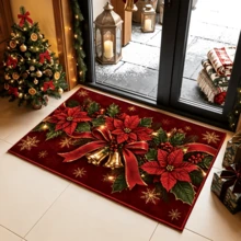 1pc Christmas Poinsettia Bell Bow Rectangular Door Mat, Suitable For Front Door, Entrance, Hallway, Porch, Living Room, Perfect For Christmas Holiday Home Decor, Made Of Soft Skin-Friendly Plush Fabric, Non-Slip Bottom, Durable And Easy To Clean - Multicolor - View 2