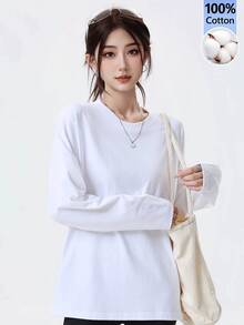 Women's White Long Sleeve T-Shirt, Pure Cotton, Casual Loose Fit, Versatile All-Match Layering Top For Autumn/Winter/Spring - White - View 2