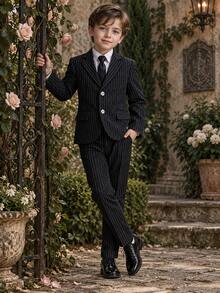 青少年男孩正式西裝套裝 秋冬款 1歲生日西裝 童裝正式服飾 3件套 條紋西裝外套 + 長褲 + 領帶 - 黑色 - 查看 6