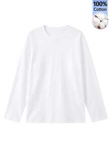 Women's White Long Sleeve T-Shirt, Pure Cotton, Casual Loose Fit, Versatile All-Match Layering Top For Autumn/Winter/Spring - White - View 5