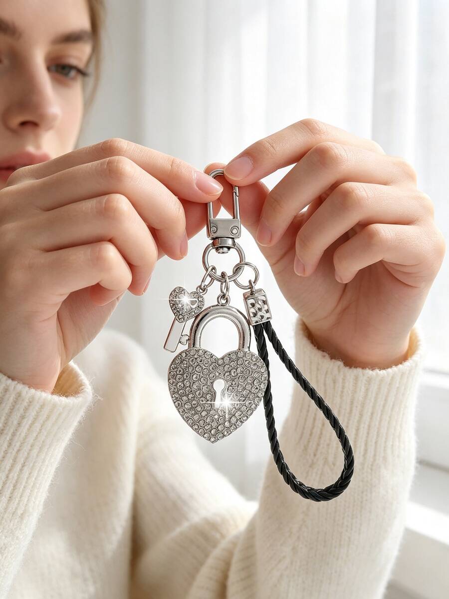 1pc Fashionable European & American Luxury Creative Versatile High-End Heart Lock Keychain Bag Charm, Suitable For Women's Car Key, Bag Decoration And Gift - Silver - View 1