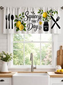 1 Set Lemon Floral Kitchen Window Valance, American Country White Wood Grain Polyester Rod Pocket Short Curtain, "Squeeze The Day" Text & Tableware Print Small Curtain, Suitable For Cafe, Restaurant, Cabinet And Ins Style Home Decor - Multicolor - View 5