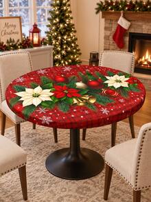 1pc Christmas Poinsettia Stretch Fitted Tablecloth, Red Plaid Gold Bell Ornament Snowflake Elastic Table Cover For Round & Square Tables, Xmas Holiday Dining Home Party Decor - K - View 6