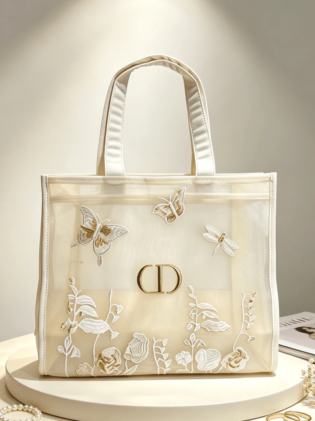 DIOR 溫柔風米色網格刺繡托特包,花卉蝴蝶蜻蜓刺繡大容量網袋,通勤上學手提購物包,旅行海灘便攜收納包,藝術氛圍單肩手提包 - 網紗刺繡托特包 - 查看 1