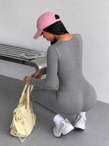 Rosiemei 1pc Plus Size Women Seamless Long Sleeve Corset, U-Neck With Finger Loop Cuffs,Tummy Control And Butt Lift - Grey - View 7