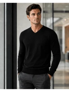 Men's Sweater 59B3602-3 In Black, V-Neck And Ribbed Trims, Smart Casual Knit For Work And Everyday Wear - Black - View 2