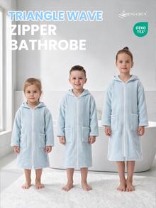 SHENG CHUN 1pc Children's Zippered Absorbent Bathrobe, Easy To Put On And Take Off, Suitable For All Seasons, Warm, Coral Fleece Bathrobe, Suitable For Multiple Ages, Children's Hooded Bathrobe, Absorbent, With Pockets, Ultra-Fine Microfiber Coral Fleece, Essential For Home, Beach, Swimming, Bathing, Hot Springs, Bathroom - Blue Triangle Stripe - View 1