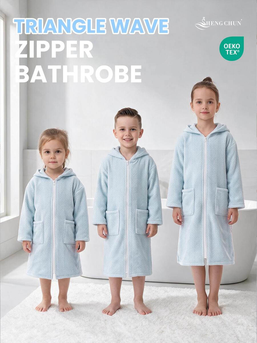 SHENG CHUN 1pc Children's Zippered Absorbent Bathrobe, Easy To Put On And Take Off, Suitable For All Seasons, Warm, Coral Fleece Bathrobe, Suitable For Multiple Ages, Children's Hooded Bathrobe, Absorbent, With Pockets, Ultra-Fine Microfiber Coral Fleece, Essential For Home, Beach, Swimming, Bathing, Hot Springs, Bathroom - Blue Triangle Stripe - View 1
