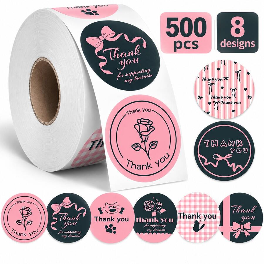 500pcs/Roll Stiker Grafiti Terima Kasih Abu-abu & Merah Muda, Bulat 1 Inci, 8 Pola, Stiker Dekorasi Kotak Hadiah, Stiker Kecil Dekoratif DIY, Stiker Hadiah Sekolah, Stiker Label Perekat PVC - MultiWarna - View 1
