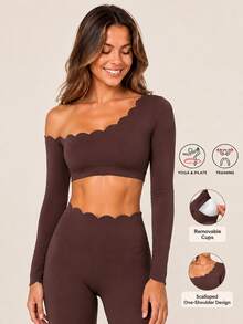 Women's Lace Trim Long Sleeve Cold Shoulder Sports Top, Skin-Friendly With Built-In Bra Pads, Versatile Yoga Fitness Top - Burgundy - View 1