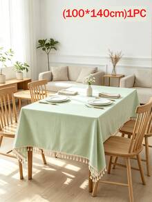1PC Fresh Light Green Tablecloth With Soft Textured Feel, Tassel Edges For Elegant Touch. Nordic Minimalist Style, Natural Drape, Decorate Dining Table, Create Transparent And Healing Home Dining Atmosphere. - Mint Green - View 8