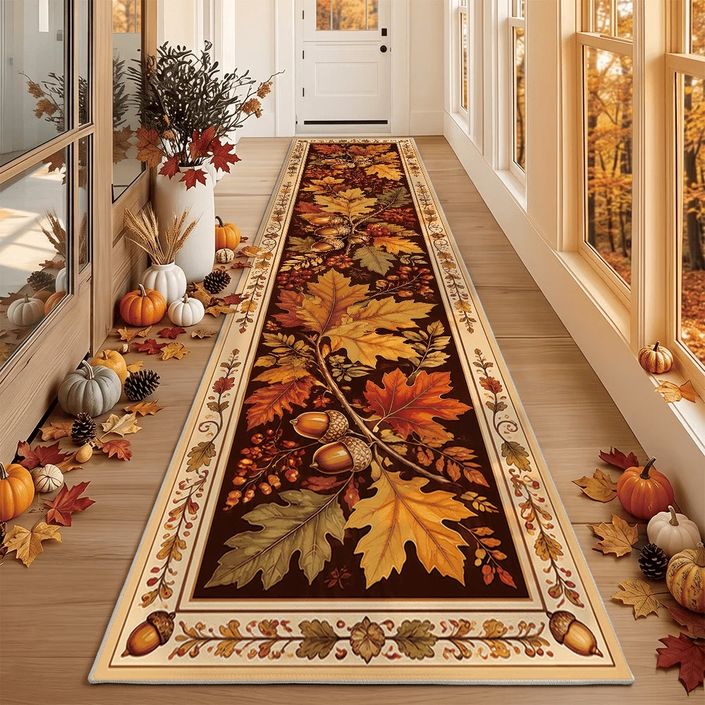 1pc Pine Cone Maple Leaf Bohemian Print Style Suitable For Hallway Runner, Carpet, Runner, Area Rug, Mat, Home Decor, Area Rug, Living Room Area Rug, Living Room Home Decor, Room Decor