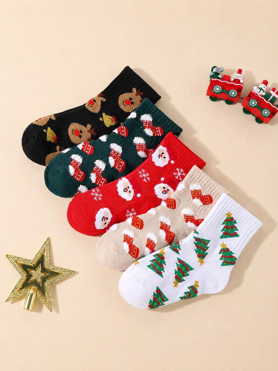 10 Pairs Christmas Santa Mid-Calf Socks, Reindeer Christmas Socks, Christmas Tree Holiday Atmosphere Socks - Multicolor - View 1