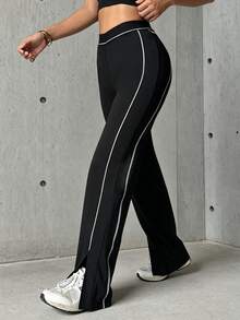 Hidkat Women's Solid Color High Waist Elastic Band Casual Yoga Sports Knit Flare Pants - Black - View 3