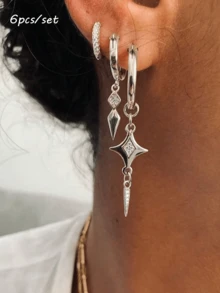 rundraw 3/6pcs 2026 New Geometric Tassel Inlaid Zirconia Elegant Luxury Copper Gold Women's Earrings Set, Best Gift For Friends - Silver - View 9